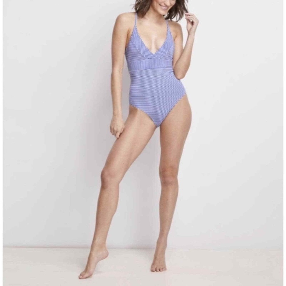 Vineyard Vines Blue White Striped One Piece Swimsuit V-Neck Keyhole Back Small